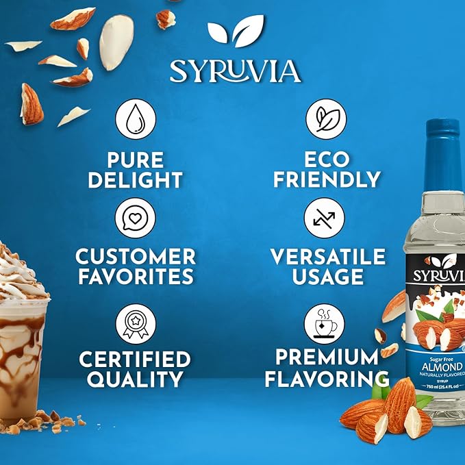 Syruvia Sugar Free Coffee Syrup, Almond Flavored Syrup for Drinks, Lattes, and Desserts – 25.4 fl oz, With Pump