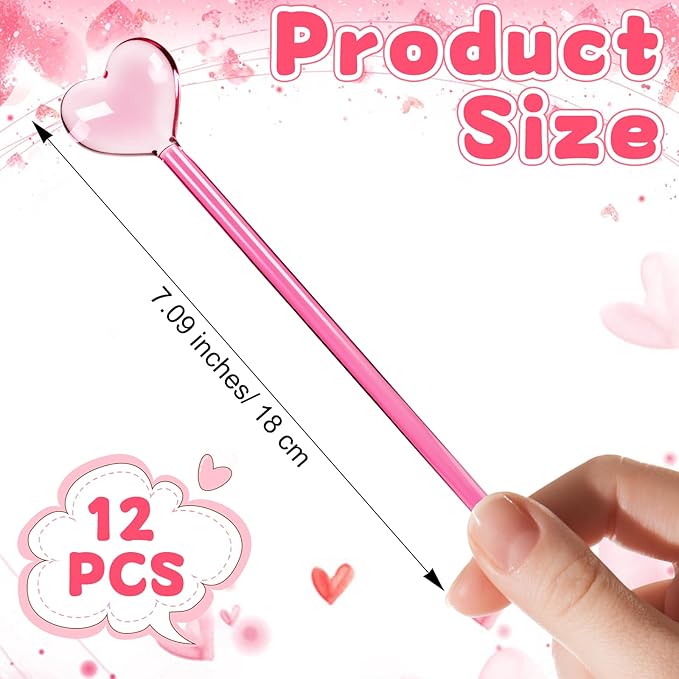 12 Pcs Heart Glass Drink Stirrers 7 Inch Swizzle Sticks for Cocktails Coffee Reusable Heart Shape Stir Sticks for Coffee Bar Kitchen Home Party Bar Weddings Decorations