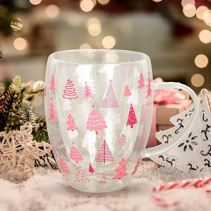 JarThenaAMCS Christmas Double Wall Glass Coffee Mugs 12oz Cute Pink Xmas Tree Insulated Glasses Clear Espresso Cups with Handle for Home Holiday Supplies, Set of 2