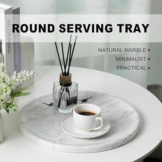 Natural Marble Serving Tray, 11.8in Round, Carrara Marble, Bathroom/Kitchen/Coffee Table Tray for Counter, Decorative Vanity for Catchall, Fruit and Snack