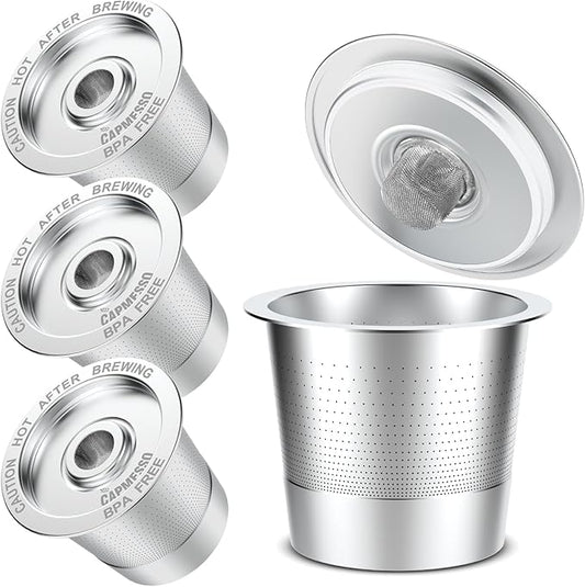 CAPMESSO Reusable Coffee Pods for Keurig 1.0: 4 Stainless Steel Refillable K-Cups with 12 Gaskets - Universal Compatibility, Eco-Friendly, Silver