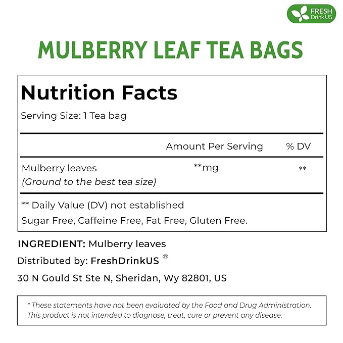 FreshDrinkUS, Premium 75 Mulberry Leaf Tea Bags, 100% Natural & Pure from Mulberry Leaves. Loose Leaf Herbal Tea. Made with Natural Material Tea Bags. No Sugar, No Caffeine, No Gluten, Vegan.