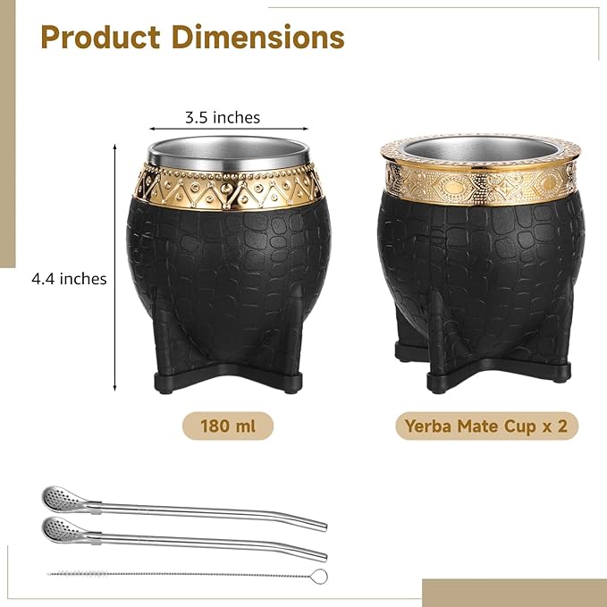 2PCS Yerba Mate Cup, 6 oz Stainless teel Mate Cup with Straw, Double Wall Vacuum Insulated Yerba Mate Gourd for Traditional Mate Tea Drinking (Black)