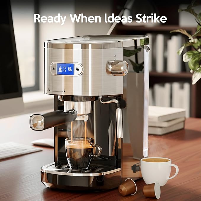 20 Bar Espresso Machine Semi-Automatic, Professional Coffee Maker with Milk Frother Steam Wand & 45OZ Removable Water Tank, Home Barista System for Cappuccino, Latte, Americano-Stainless Steel