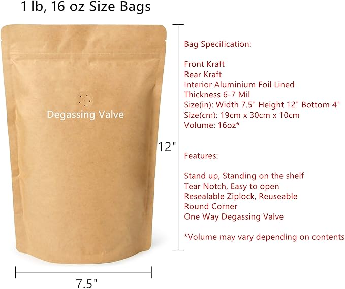 16oz Coffee Bags 100 Pieces - High Barrier Natural Kraft Paper Stand up Ziplock Pouches Bags with Valve & Zipper (100 Pcs, 16 Ounce/454-500 Gram/1 lb)
