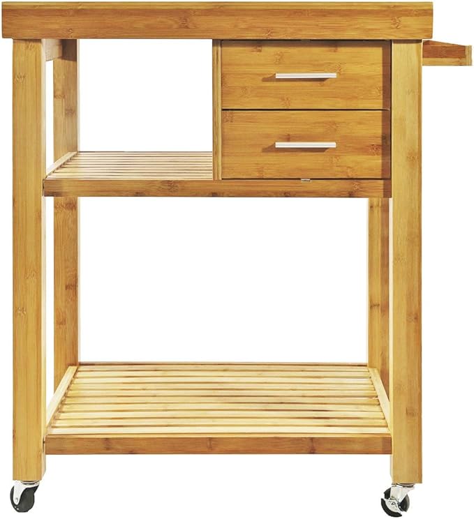 Home Aesthetics Rolling Kitchen Island Cart with Drawers Shelves, Towel Rack, Locking Casters, Butcher Block Food Prepping Cart Trolley on Wheels, Bamboo Wood