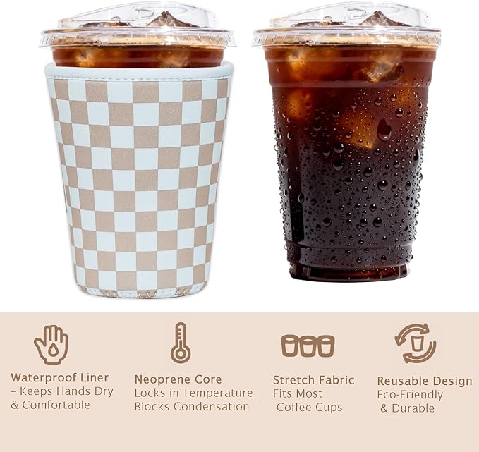 Reusable Insulated Sleeve for Iced Coffee Cup, Coffee Neoprene Sleeve for Cold & Hot Drinks, Beverage Holder for Iced Coffee (Classic Checker, Medium: 22-24oz)