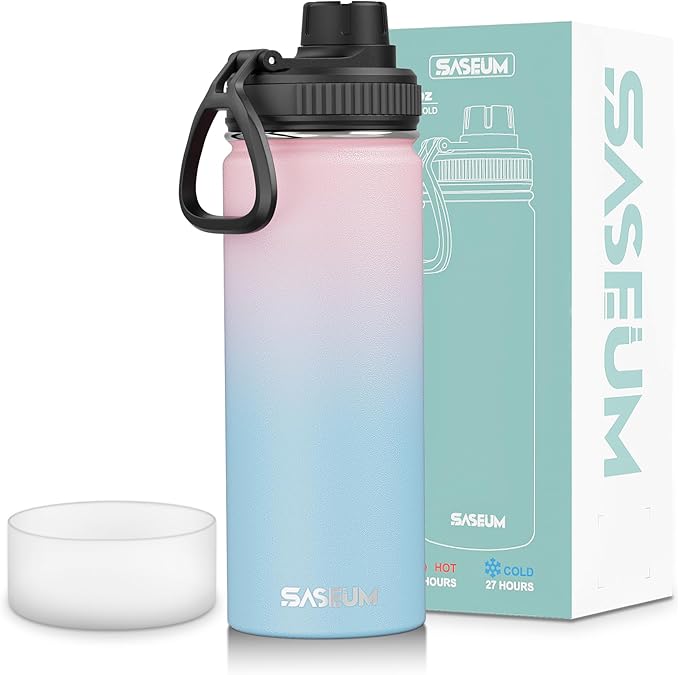 SASEUM Sport Water Bottle 18oz Stainless Steel Double Wall Vacuum Thermal Mug with Leak Proof Spout Lids, Wide Mouth Metal Insulated Water Jug for Gym and Travel（Blue Pink）