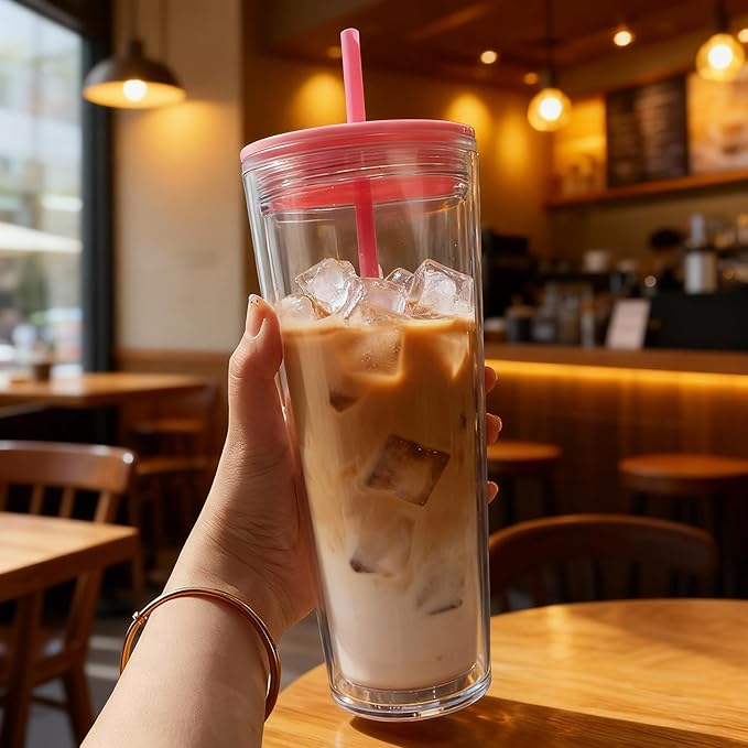24oz Tumbler with Lid and Straw, Leak Proof and Double Wall Insulated Reusable Plastic Cups,Travel Reusable Iced Coffee Cup (1, Pink)