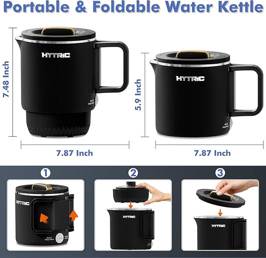 HYTRIC Travel Electric Kettle, 650ML Foldable Small Electric Kettle, Stainless Steel Portable Kettle with Dual Power Control, Collapsible Small Kettle Electric, Auto Shutoff & Boil Dry Protection