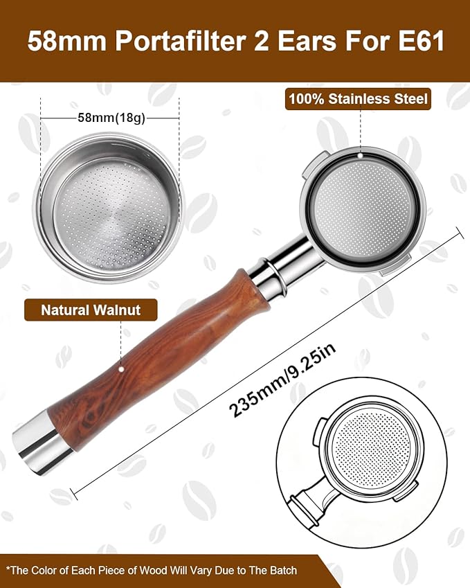 58mm Bottomless Portafilter 2 Ears For E61, Flair 58, ECM, Rocket, Sanremo, Synesso, Slayer, VBM Espresso Machine, Bottomless Naked Portafilter with 18g Filter Basket and Puck Screen - Rosewood
