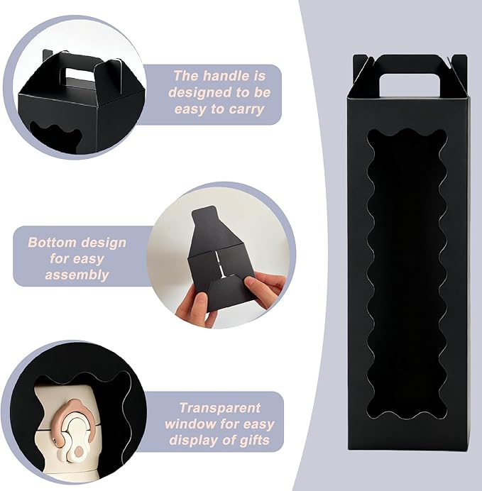 20Pcs Tumbler Gift Box with Handle for 18oz 20oz 30oz Sublimation Glass,Cup boxes for packaging 16oz,water bottle gift boxes,Tumbler Packaging Boxes with window for gifts（Black）