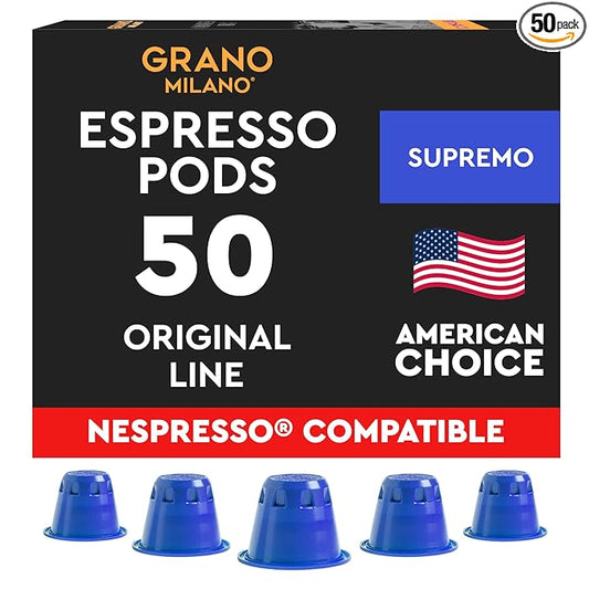Grano Milano Supremo - 50 Espresso Pods Compatible with Nespresso Original line, Dark Roast - Intensity 11/12, Coffee Capsules Made in Italy Espresso Coffee
