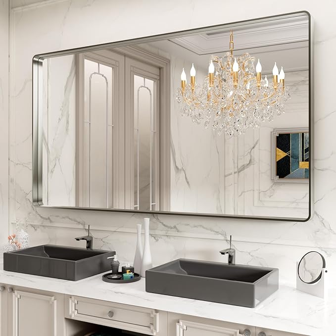 LOAAO 77X36 Inch Brushed Nickel Bathroom Mirror, Rounded Rectangle Silver Metal Frame Mirror, Brushed Nickel, Anti-Rust, Hangs Horizontally or Vertically