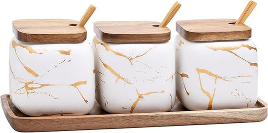 3 Pcs Sugar Bowls Ceramic Coffee Jar Set Ceramic Seasoning Jar with Lid Spoon and Tray/Food Storage Canister
