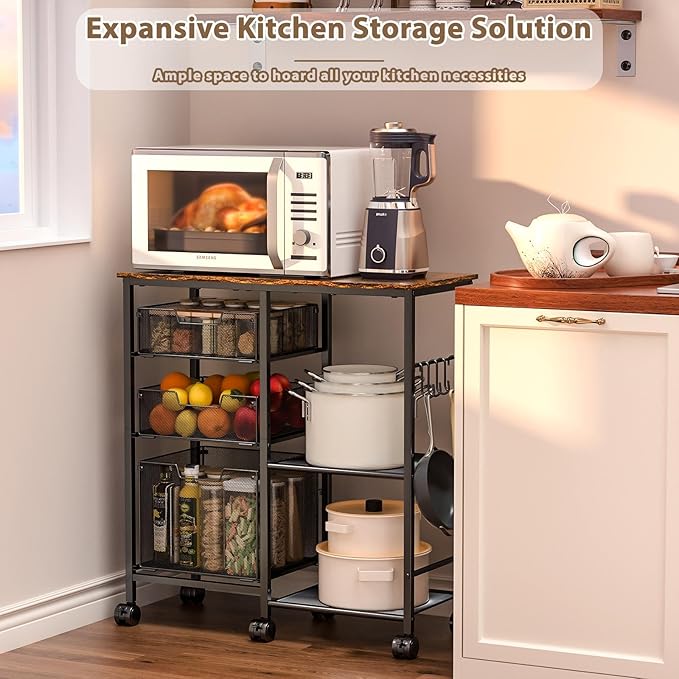 Kitchen Cart with Storage Shelf - Kitchen Organizer and Storage Cart, 3-Tier Microwave Cart with Storage Drawers, Wooden Top Metal Wire Utility Cart with Lockable Wheels for Kitchen