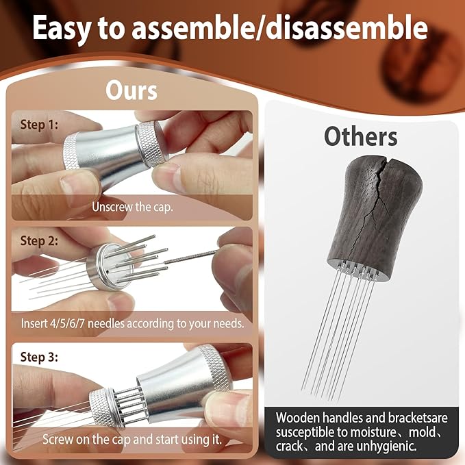 WDT Espresso Distribution Tool Espresso Stirrer Tools for Barista, 0.35mm 7 Needles Espresso Coffee Stirrer with Extra 7 Replaceable Needles, Aluminum Alloy Handle with Stand (Silver)