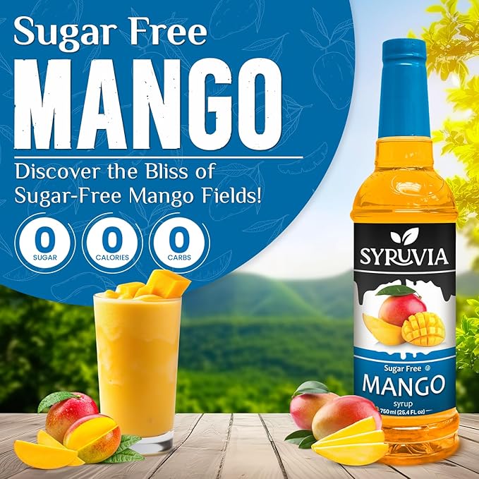 Syruvia Sugar-Free Mango Syrup, Flavored Syrup for Drinks, Cocktails, Lemonades, Iced Teas, and Desserts – 25.4 fl oz, With Pump