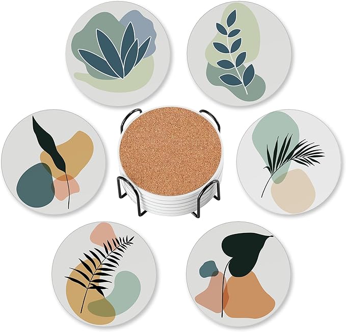 Coasters for Drinks Absorbent with Holder,Boho Abstract Leaves Sets of 6 Durable Cup Coaster for Coffee Table Protection,Great Housewarming Birthday Gifts,Home Decor