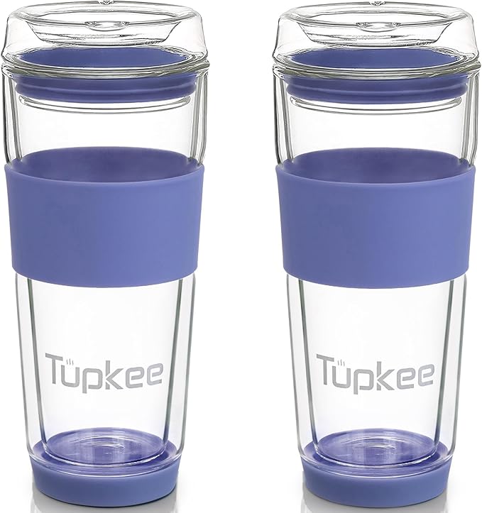 Tupkee Double Wall All Glass Tumbler - 14-Ounce, Reusable Insulated Tea/Coffee Mug & Lid, Hand Blown Glass Travel Mug - Jacaranda - 2 Pack