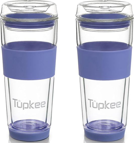 Tupkee Double Wall All Glass Tumbler - 14-Ounce, Reusable Insulated Tea/Coffee Mug & Lid, Hand Blown Glass Travel Mug - Jacaranda - 2 Pack