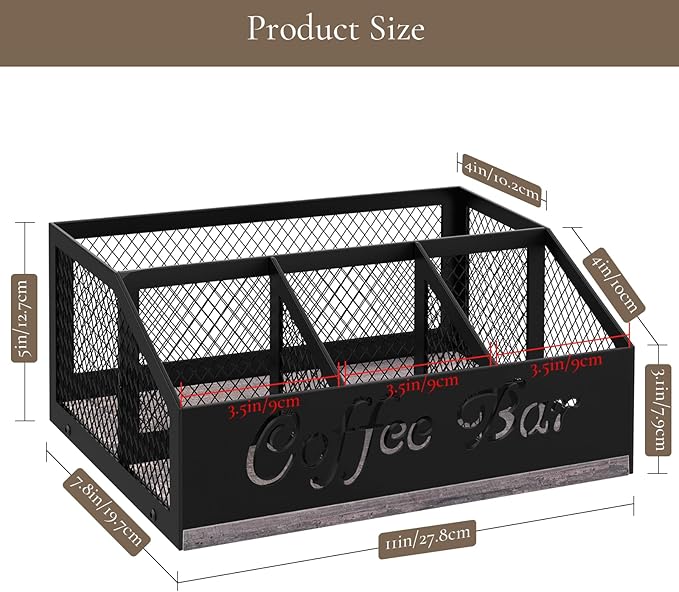 BCOZLUX Coffee Bar Organizer for Countertop, Wooden Counter Station Organizer with Metal Mesh Basket, Coffee Bar Accessories Decor for Pods Condiment Syrup Tea Sugar, Gray