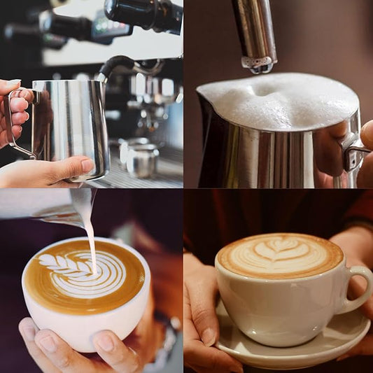 Milk Frothing Pitcher, 14oz 400ml Stainless Steel Milk Frother Cup Steaming Pitcher, Coffee Bar Cappuccino Espresso Machine Accessories Barista Tools, Metal Milk Jug with Latte Art Pen