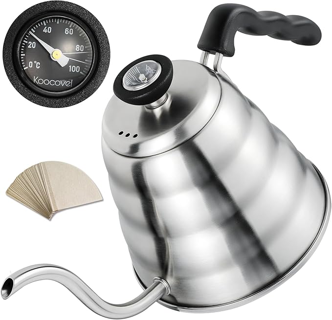 Stainless Steel Gooseneck Kettle Compatible with all Stoves, 1.2L/40oz Pour Over Coffee Maker with Built-in Thermometer for Precise Temperature Control and 40pcs Filter Papers