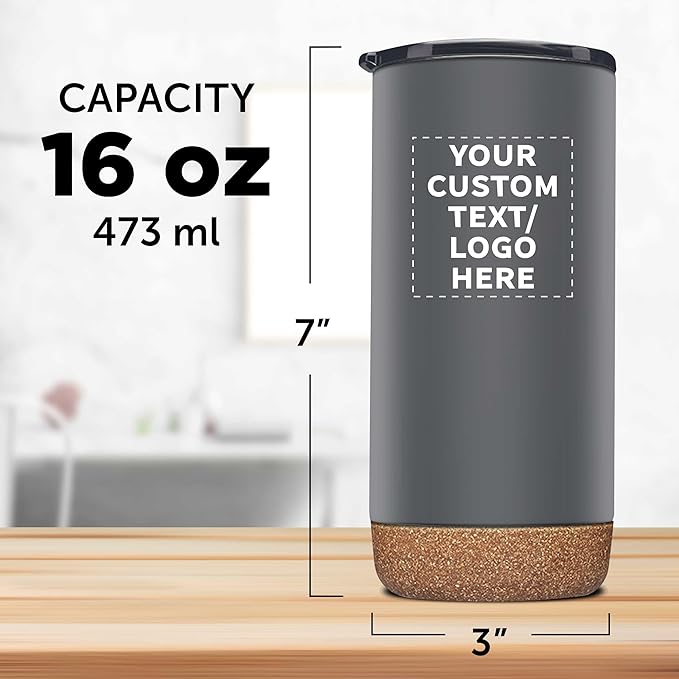 DISCOUNT PROMOS Custom Tumblers Cork Bottom 16 oz Set of 10/50/100 Personalized Bulk Pack Double Wall Insulated Matte Finish Iced Coffee Soda - Grey