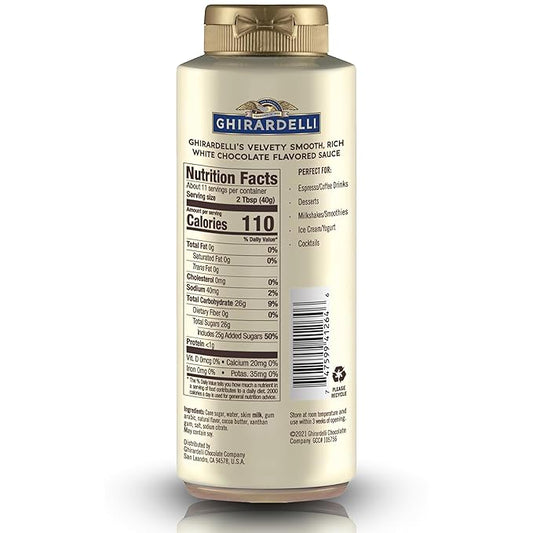 Ghirardelli White Chocolate Flavored Sauce Squeeze Bottles | 16 oz (Pack of 4) | Smooth Creamy White Chocolate Dessert Topping for Coffee, Ice Cream, and Baking