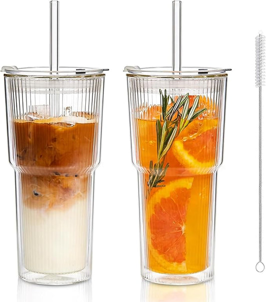 KEMORELA 2PCS 20oz Double Wall Ribbed Glass Cups with Lids and Straws, Insulated Borosilicate Glass Tumblers, Heat-Resistant, leak-proof Design for Iced Coffee, Bubble Tea, Juice, Dishwasher Safe
