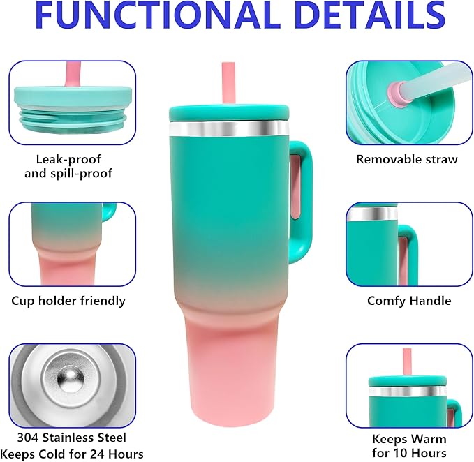 40-OZ Insulated Water Bottle,Insulated Stainless Steel Tumbler,Reusable Cold Drink Thermos,BPA-Free, Double-Wall Stainless Steel Water Bottle (Aqua Pink, 40, Fluid Ounces)