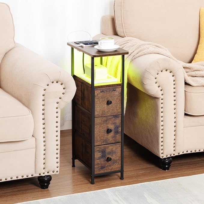 Narrow End Table Living Room with Charging Station, Skinny Side Table with Fabric Drawers, Slim LED Nightstand for Bedroom, Small Spaces, Couch, Rustic Brown, HETNDP03LPBR-1