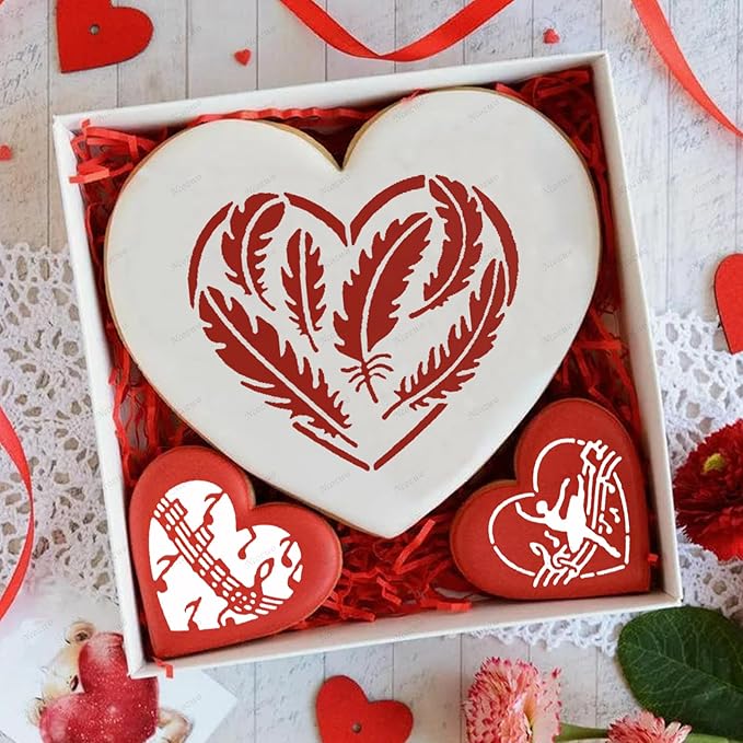 Valentines Day Cake Stencils Kit Reusable Cookie Coffee Stencil Drawing Template for Dessert Buttercream Painting Envelopes DIY Crafts Wall Floor Decor (16 Pcs Heart)