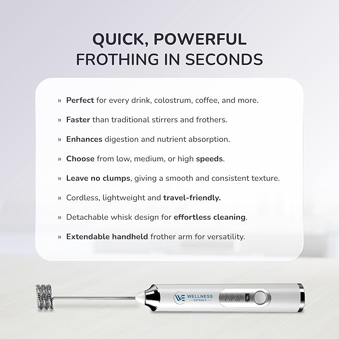 Wellness Extract Multi-Speed Rechargeable Electric Milk Frother, Li-ion Battery Powered – Certified Safe, Ideal for Coffee, Matcha, Protein & Colostrum