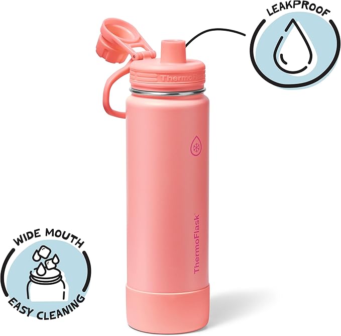 ThermoFlask 24 oz Double Wall Vacuum Insulated Stainless Steel Water Bottle with Spout Lid, Sunkissed Coral