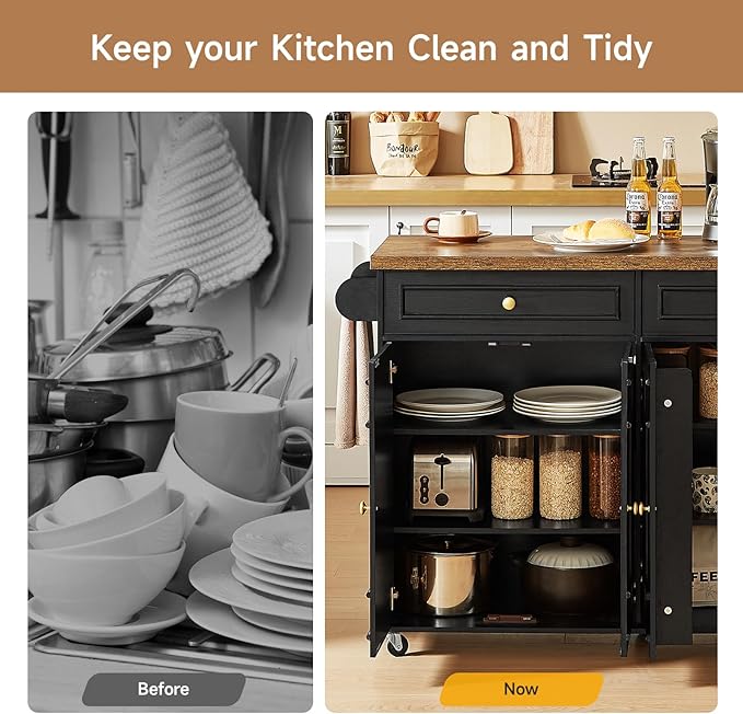 ONBRILL 58" Mobile Kitchen Island, Kitchen Island Cart with Power Outlet, Island Table for Kitchen, Home Bar Carts with Storage, Kitchen Rolling Island with Spice Rack & Towel Rack & Knife Holder