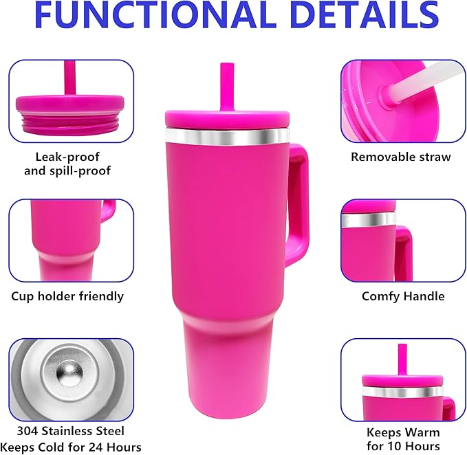 40-OZ Insulated Water Bottle,Insulated Stainless Steel Tumbler,Reusable Cold Drink Thermos,BPA-Free, Double-Wall Stainless Steel Water Bottle (Rose Red, 40, Fluid Ounces)