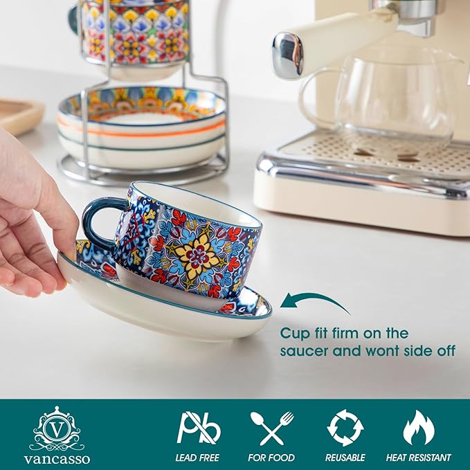 vancasso 8 Oz Stackable Espresso Cups with Saucers and Metal Stand Set of 4,Bohemian Ceramic Cappuccino Cups - Microwave and Dishwasher Safe, Perfect For Tea, Espresso, Latte, Cafe-03