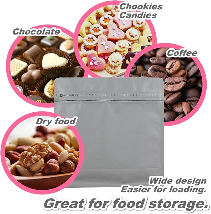 60 Pack High Barrier Stand-Up Coffee Bean Bags with Vented Valve Matte Metallic Heat-Sealable & Resealable Solid Color Pouches (Square,6.1 * 6.5 inch,1/2 lb,Gray)