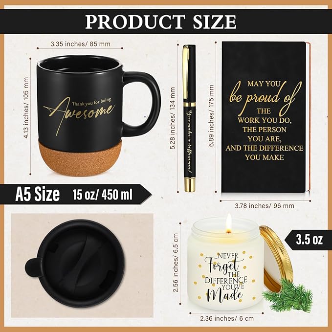 4 Pcs Thank You Gift for Men Women Employee Coworker Inspirational Appreciation Notebook Coffee Mug Scented Candle Pen Gift for Valentine's Day Team Office Staff Teacher Volunteer(Black)