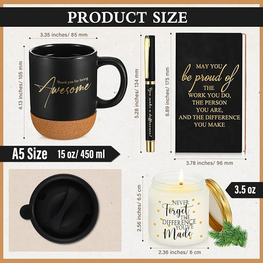 4 Pcs Thank You Gift for Men Women Employee Coworker Inspirational Appreciation Notebook Coffee Mug Scented Candle Pen Gift for Valentine's Day Team Office Staff Teacher Volunteer(Black)