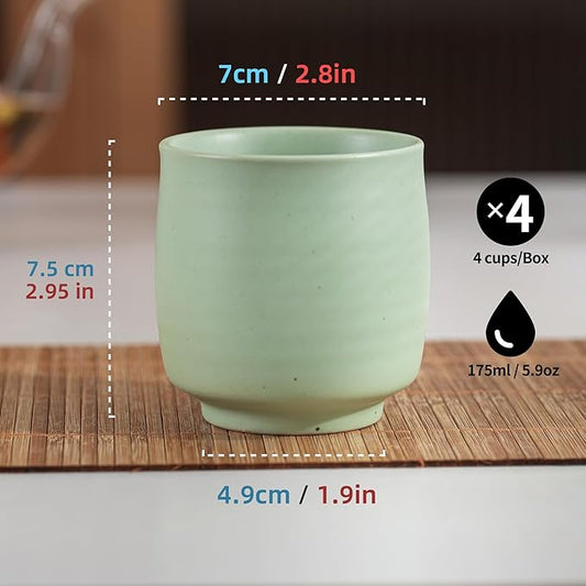 TEANAGOO Japanese Tea Cups, Chinese Tea Cup, 7.2Oz / 205 Ml, Ceramic Tea Cups for Adults, Ceramic Cups no Handles, Japanese Cups, Matcha Cup, Lt.Green, 4 Pcs/Box, H8