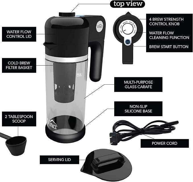 VINCI Express Cold Brew, Electric Cold Brew Coffee Maker in 10 minutes, Glass Carafe, 3 Brew Strength Settings & Cleaning Cycle, Easy to Use & Clean, Cold Brewer for Iced Coffee, 1.4 L Dial Control