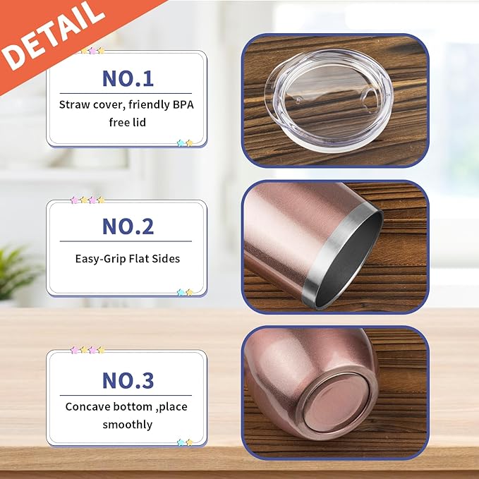 StarSpeed 12oz/12 Pack Wine Tumbler with lid, Stainless Steel Travel Mugs Stemless Double Wall Insulated Coffee Cup, Insulated Wine Glasses Travel Tumbler for Cold & Hot Drinks(Rose Gold, 12)