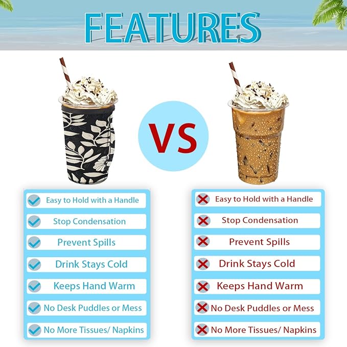 Reusable Iced Coffee Cup Sleeve Leaves Flowers Geometric Neoprene Insulated Sleeves Cup Holder with handle Idea for 24oz - 28oz