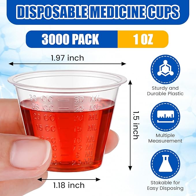 Yiyiring 3000 Count 1 oz Disposable Medicine Cups with Graduated Dosage Lines for Pills or Liquid, Single Serve Measuring for Home, Nurse, Hospital, Medical Care, Resin Mixing, Mouthwash