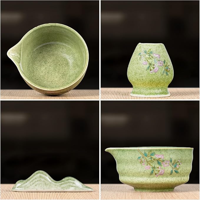 7-Piece Matcha Set with Ceramic Matcha Bowl, Bamboo Whisk (Chasen) & Holder, Sifter, Tea Scoop & Rest, Special Bamboo Tea Mat - Perfect Matcha Kit for Matcha Lovers & Gift Giving, Green