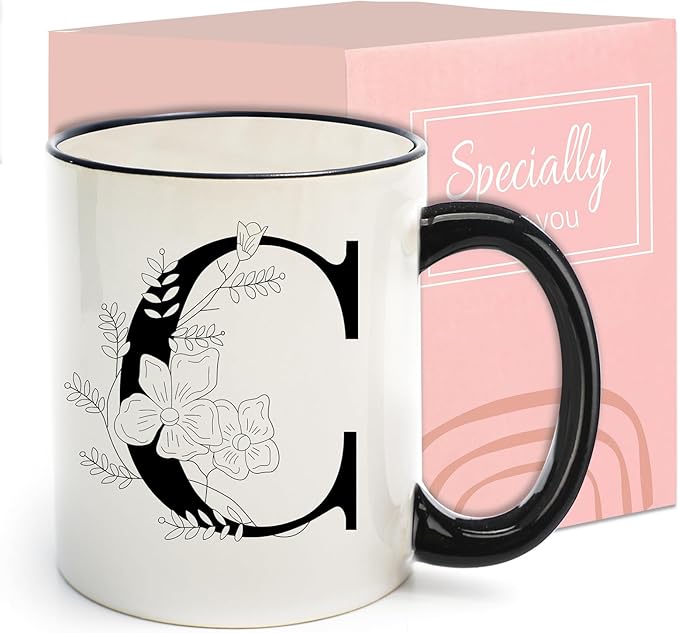 Monogram Ceramic Coffee Mugs, 11 oz Initial Drinking Cup with Gift Box, Unique Birthday Valentines Day Gifts for Women Wife Mothers Day Grandma Mom Aunt, C