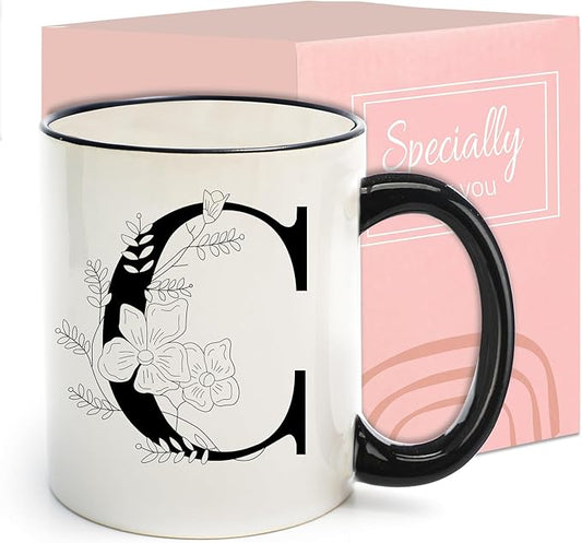 Monogram Ceramic Coffee Mugs, 11 oz Initial Drinking Cup with Gift Box, Unique Birthday Valentines Day Gifts for Women Wife Mothers Day Grandma Mom Aunt, C